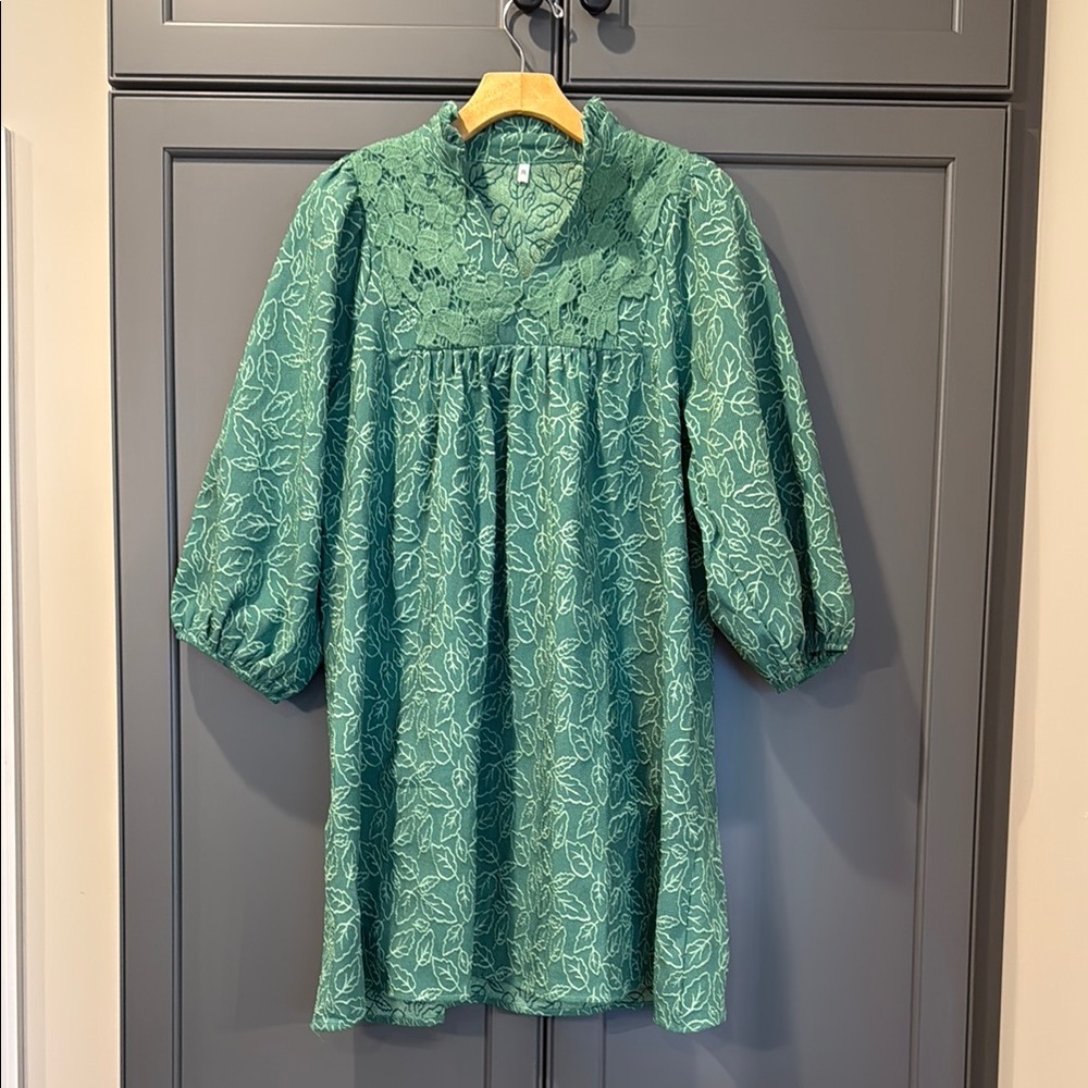 Lace Yoke Green Floral Textured Dress